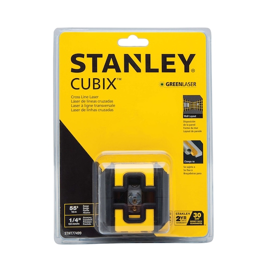 Photo of STANLEY CUBIX cross line laser, SKU STHT77499, in retail packaging, front view on white background.