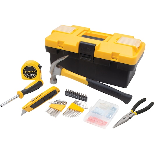 Stanley STHT77663 tool kit with yellow toolbox, hammer, tape measure, pliers, screwdriver, bits, and hex keys, front angle.