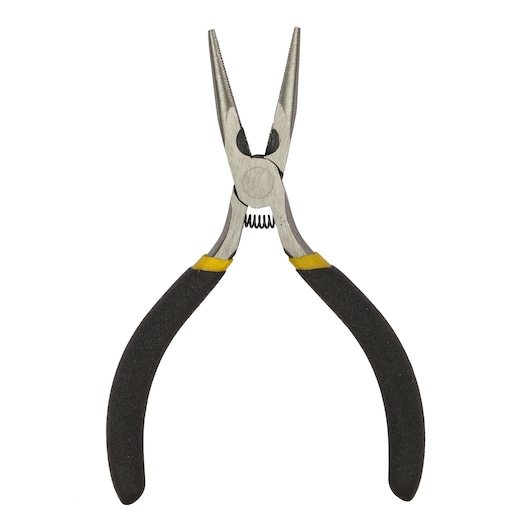 STANLEY STHT84119-8 long nose pliers with black handles, front view on white background.