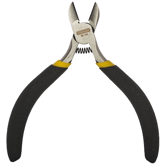 Stanley STHT84124-8 diagonal cutting pliers with black and yellow handles, front angle, white background.