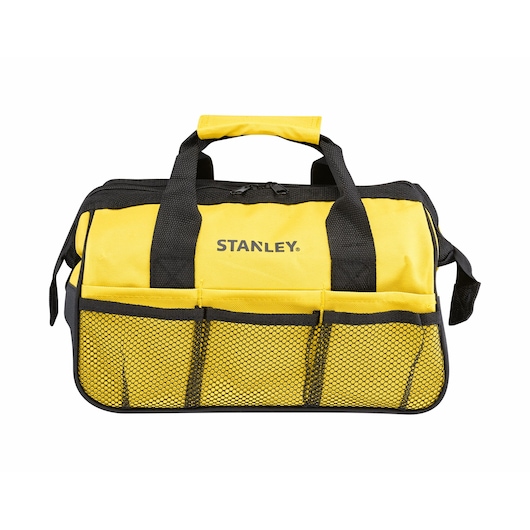 STANLEY STMT0-74101 tool bag, yellow and black fabric, front view with mesh pockets and handles.