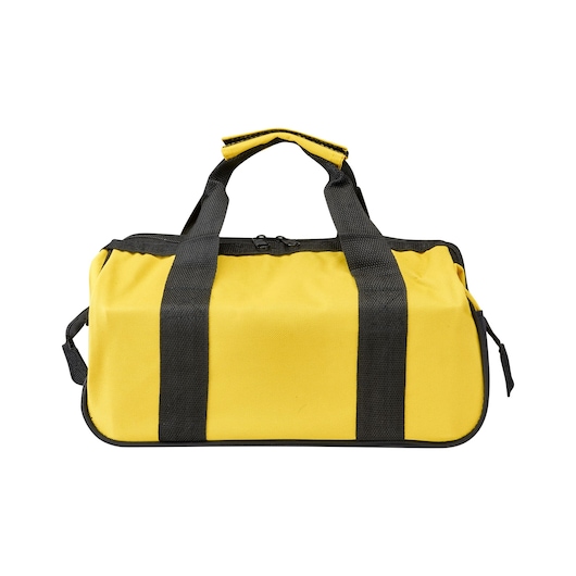 STANLEY STMT0-74101 yellow and black tool bag, front angle, with dual handles and zipper closure.