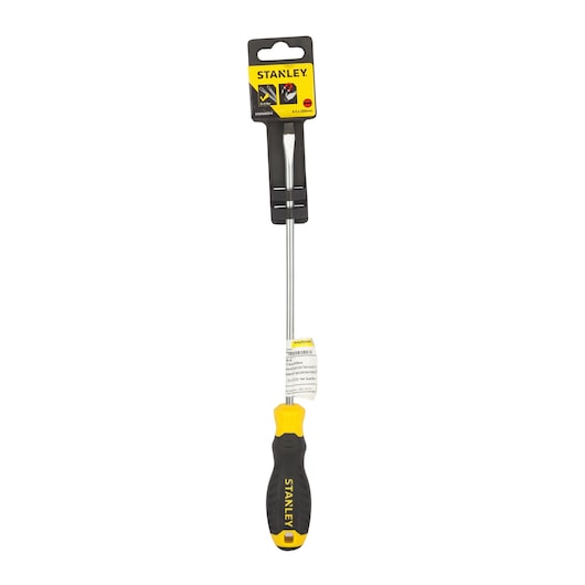 STANLEY STMT60829-8 flathead screwdriver with black and yellow handle, front view on white background.