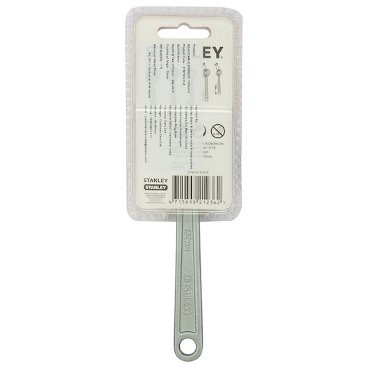 STANLEY STMT87431-8 adjustable wrench in packaging, rear view, silver handle visible, photography product.