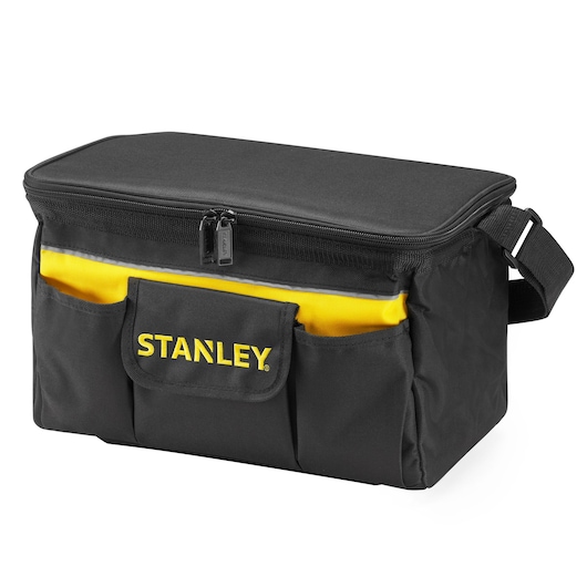 STANLEY STST1-73615 tool bag, black and yellow, front angle, zippered top, front pockets, shoulder strap.