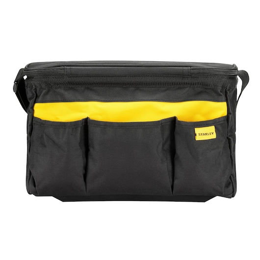STANLEY STST1-73615 tool bag, photography with front view, black fabric with yellow accent and multiple pockets.