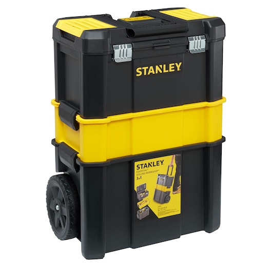 STANLEY STST1-80151 black and yellow rolling workshop with handle and large wheels, front angle on white background.