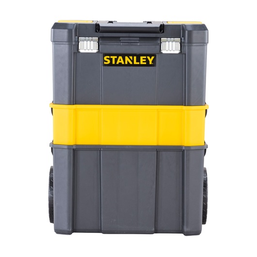 Stanley rolling tool box with yellow and black compartments, large wheels, and a sturdy handle.