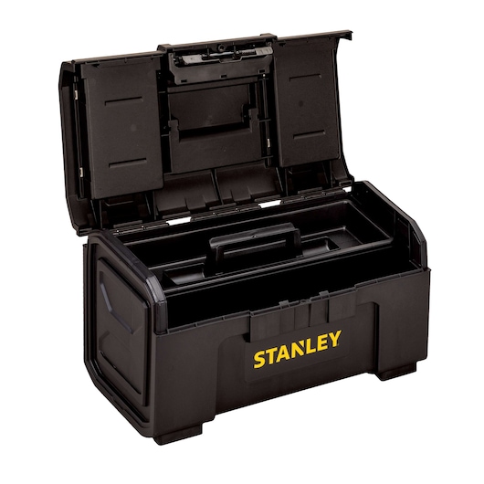 Stanley black plastic toolbox with open lid, removable tray, and yellow logo, front angle on white background