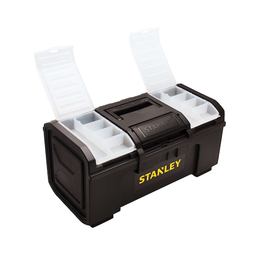 STANLEY black plastic toolbox with two open white compartment lids, angled front view on white background