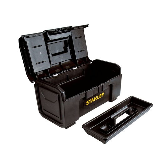 STANLEY black plastic toolbox with open lid and removable tray, front angle on white background