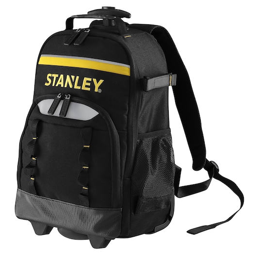 STANLEY STST83307-1 black rolling backpack with yellow accents, front view, tool storage category