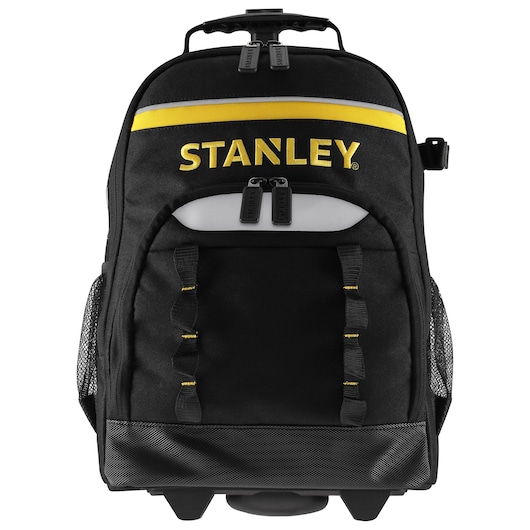 Photo of STANLEY STST83307-1 black rolling backpack with yellow accents, front angle.