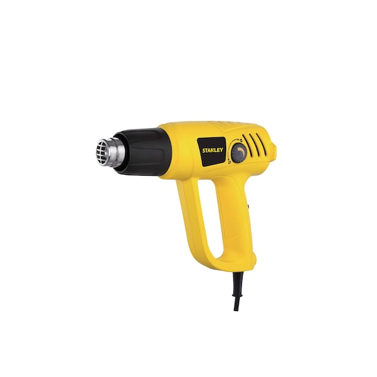 Photo of STANLEY STXH2000 yellow heat gun with black nozzle, side angle on white background.