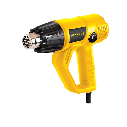 Photo of STANLEY STXH2000 yellow heat gun, right side view, with black nozzle and dial, product photography.